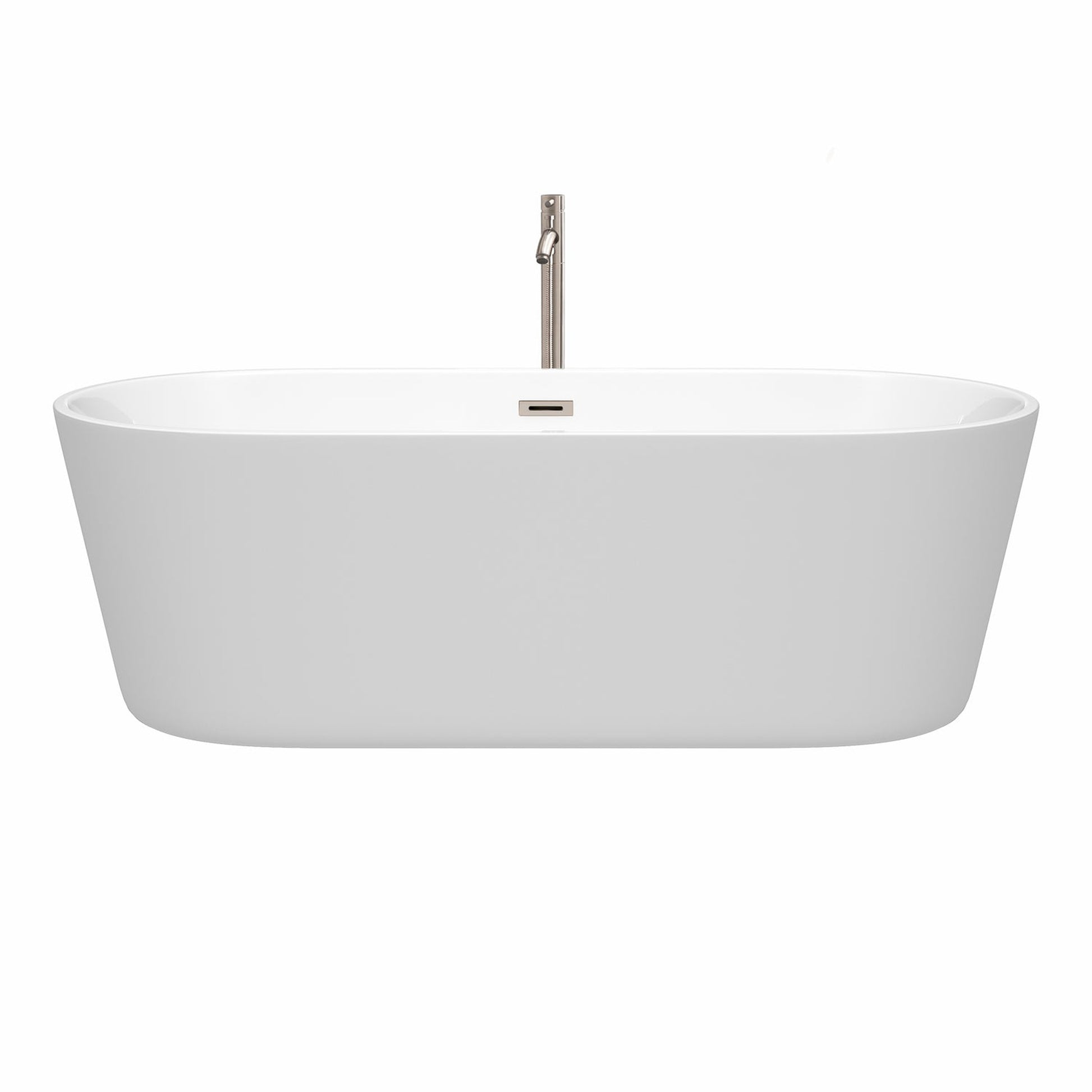 Wyndham Collection Carissa 71" Freestanding Bathtub in White With Floor Mounted Faucet, Drain and Overflow Trim in Brushed Nickel