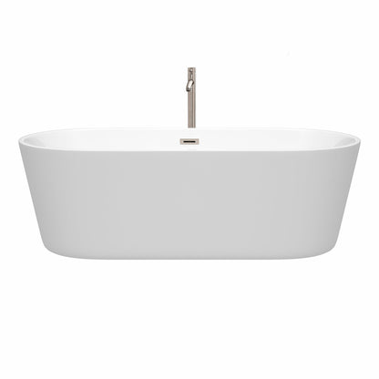 Wyndham Collection Carissa 71" Freestanding Bathtub in White With Floor Mounted Faucet, Drain and Overflow Trim in Brushed Nickel