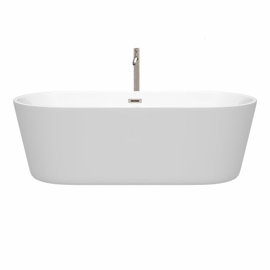 Wyndham Collection Carissa 71" Freestanding Bathtub in White With Floor Mounted Faucet, Drain and Overflow Trim in Brushed Nickel
