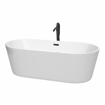 Wyndham Collection Carissa 71" Freestanding Bathtub in White With Floor Mounted Faucet, Drain and Overflow Trim in Matte Black