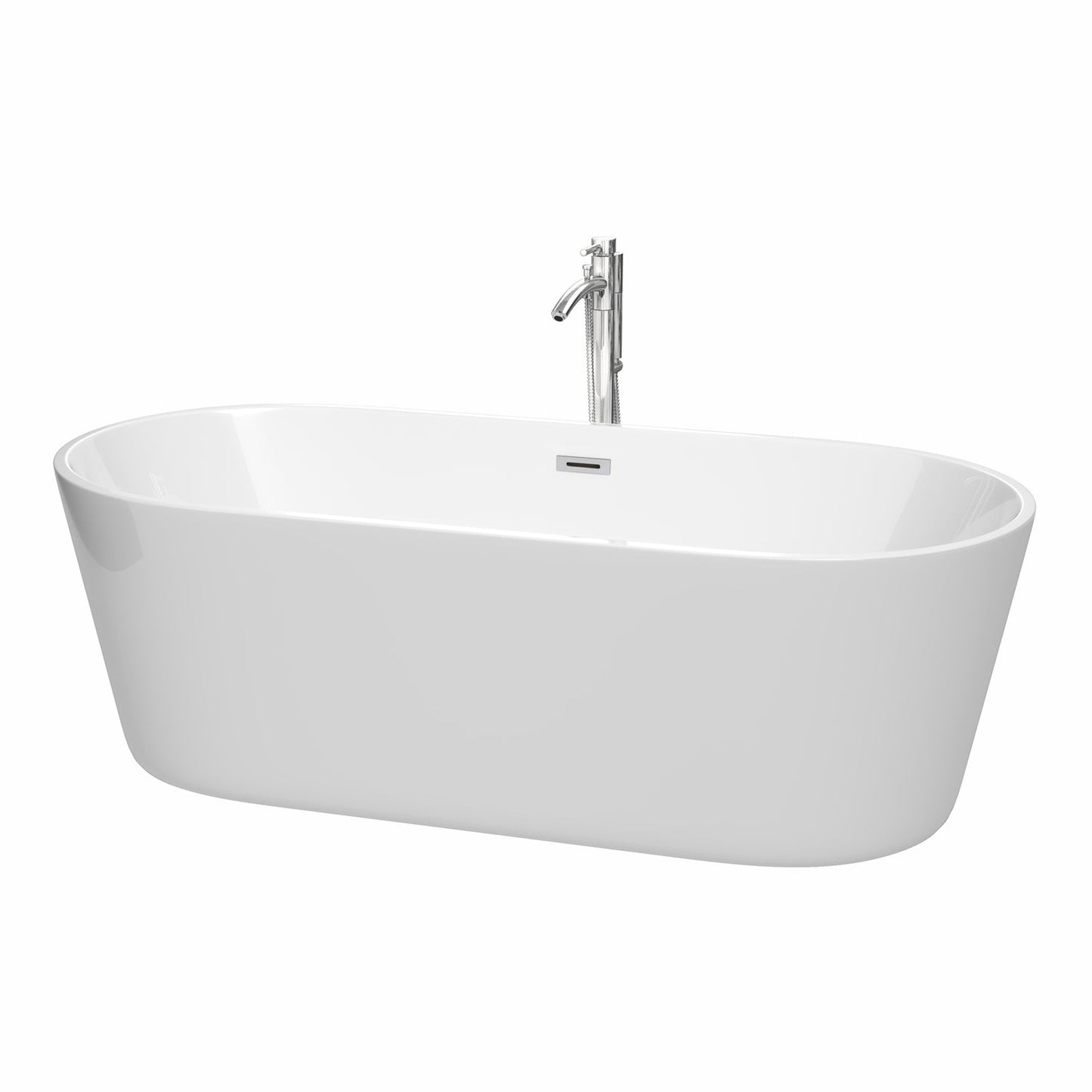 Wyndham Collection Carissa 71" Freestanding Bathtub in White With Floor Mounted Faucet, Drain and Overflow Trim in Polished Chrome