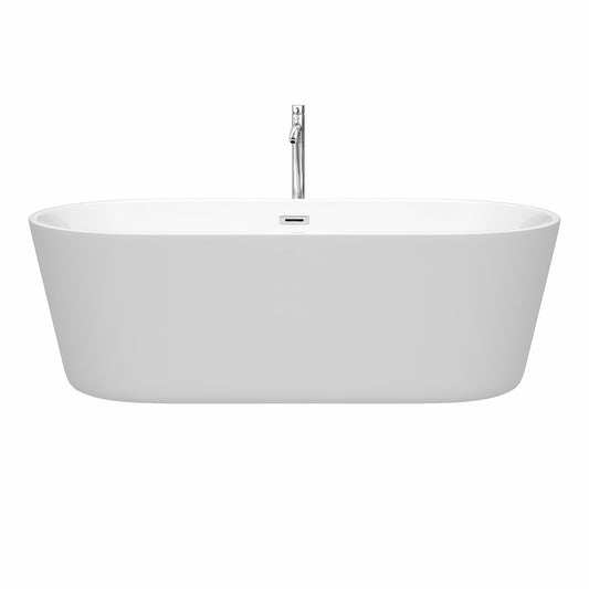 Wyndham Collection Carissa 71" Freestanding Bathtub in White With Floor Mounted Faucet, Drain and Overflow Trim in Polished Chrome