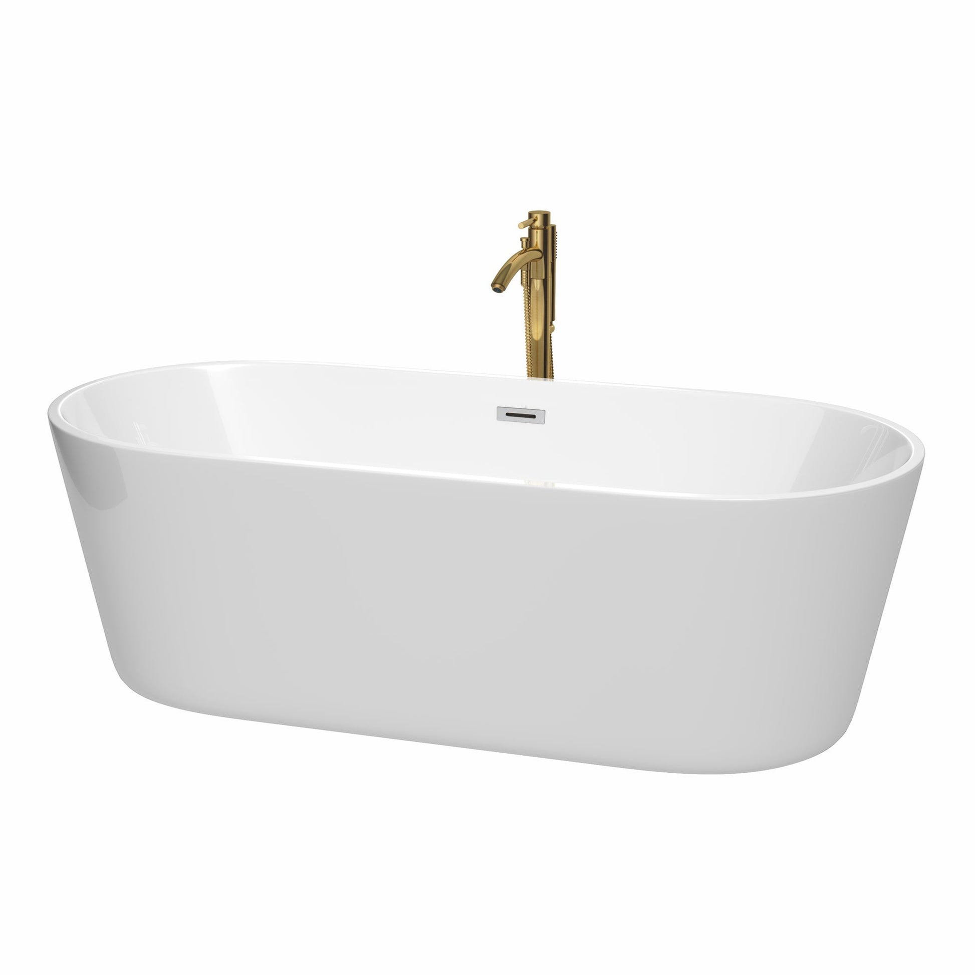 Wyndham Collection Carissa 71" Freestanding Bathtub in White With Polished Chrome Trim and Floor Mounted Faucet in Brushed Gold