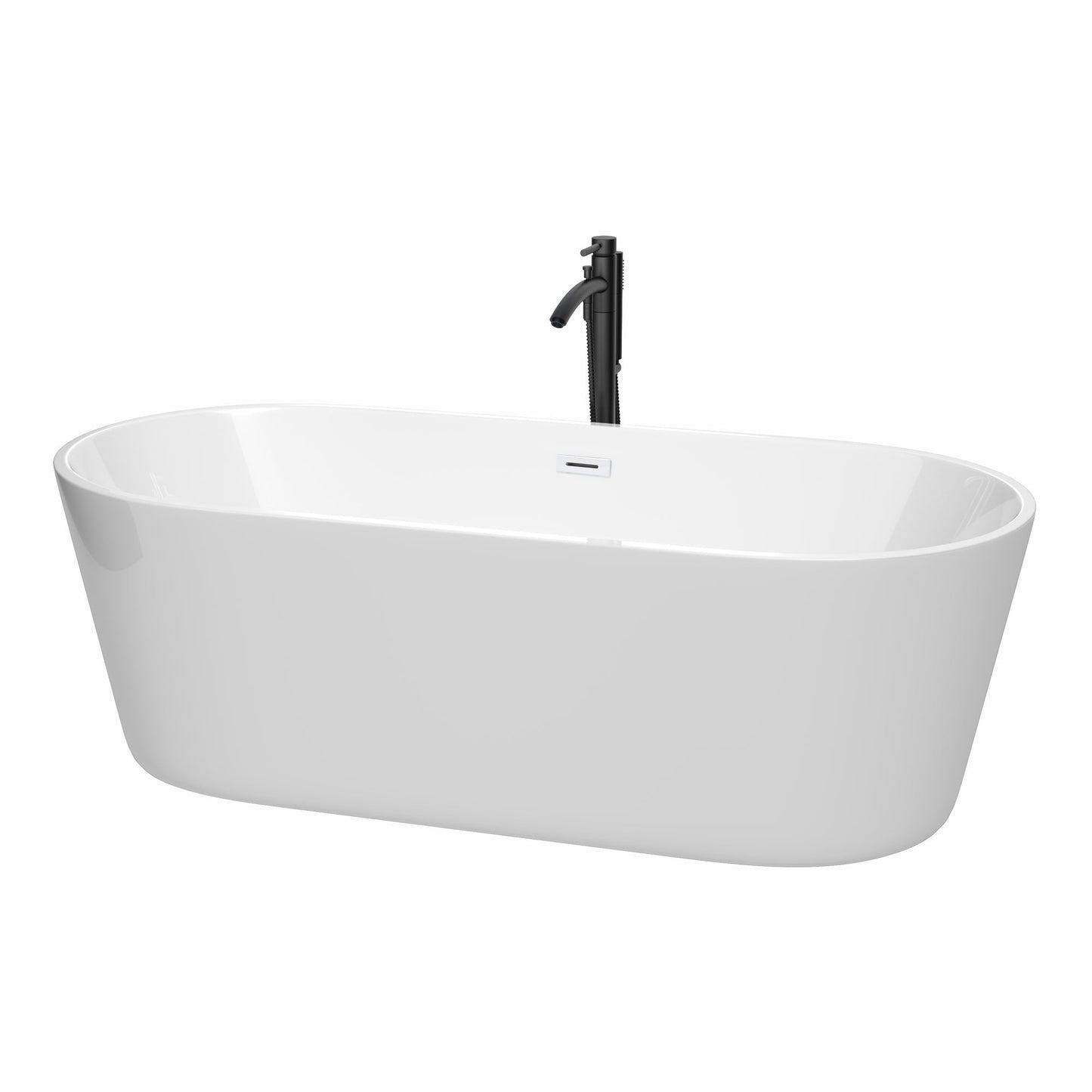 Wyndham Collection Carissa 71" Freestanding Bathtub in White With Shiny White Trim and Floor Mounted Faucet in Matte Black