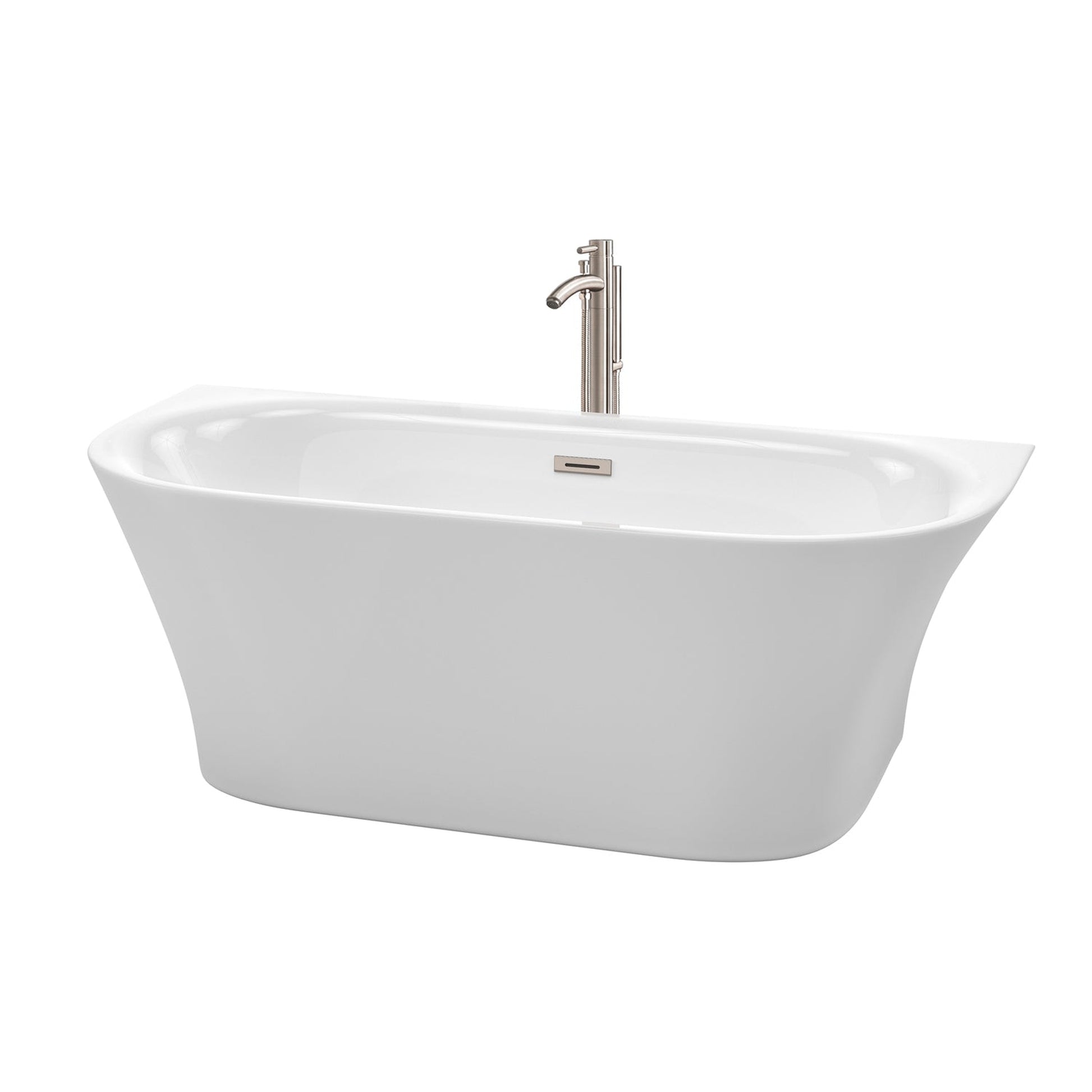 Wyndham Collection Cybill 67" Freestanding Bathtub in White With Floor Mounted Faucet, Drain and Overflow Trim in Brushed Nickel