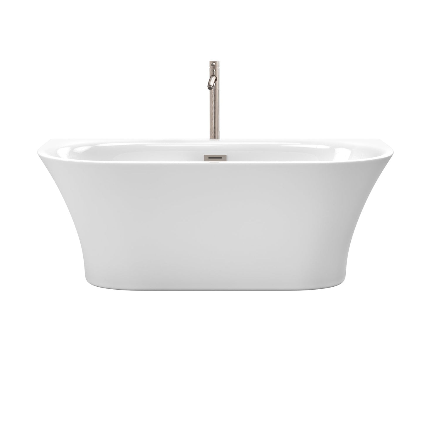 Wyndham Collection Cybill 67" Freestanding Bathtub in White With Floor Mounted Faucet, Drain and Overflow Trim in Brushed Nickel