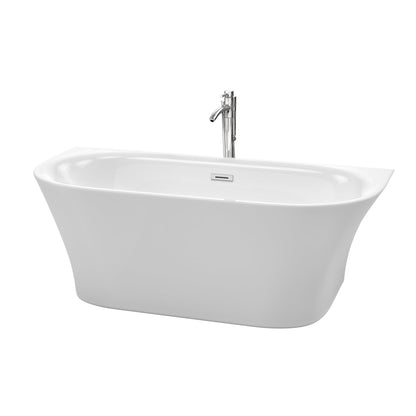 Wyndham Collection Cybill 67" Freestanding Bathtub in White With Floor Mounted Faucet, Drain and Overflow Trim in Polished Chrome