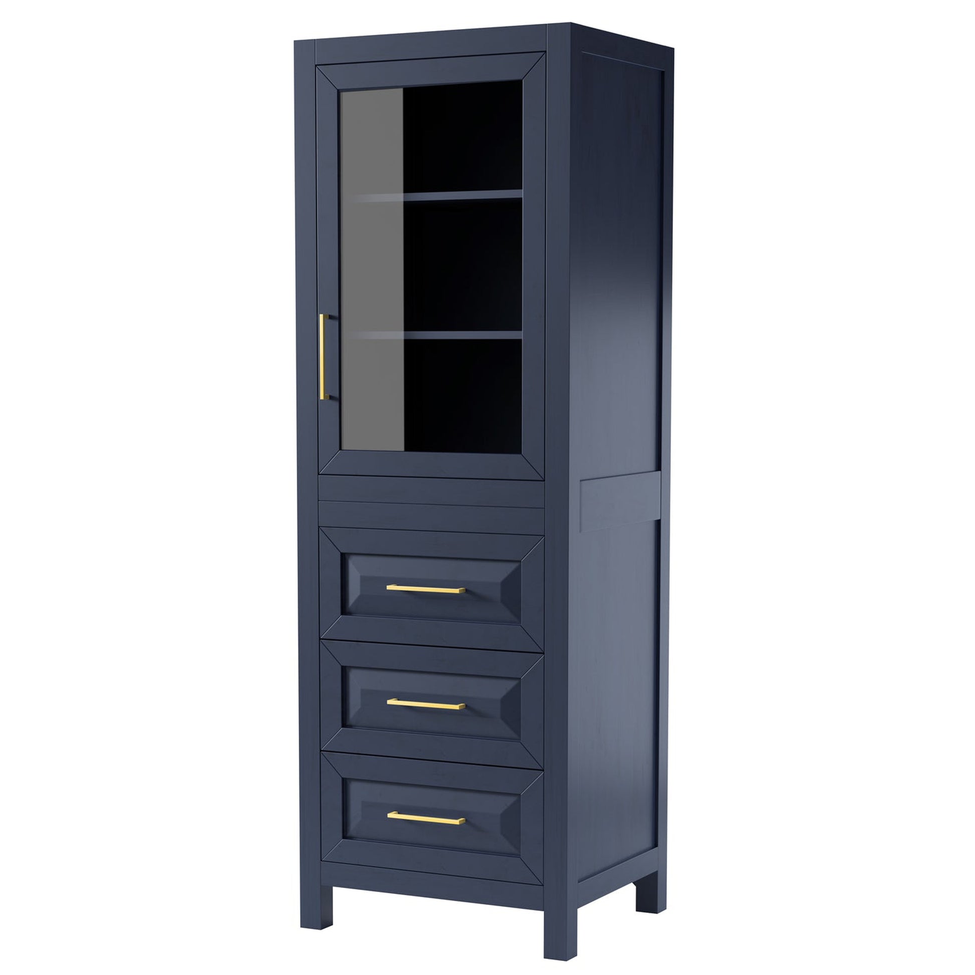 Wyndham Collection Daria Linen Tower in Dark Blue With Shelved Cabinet Storage and 3 Drawers