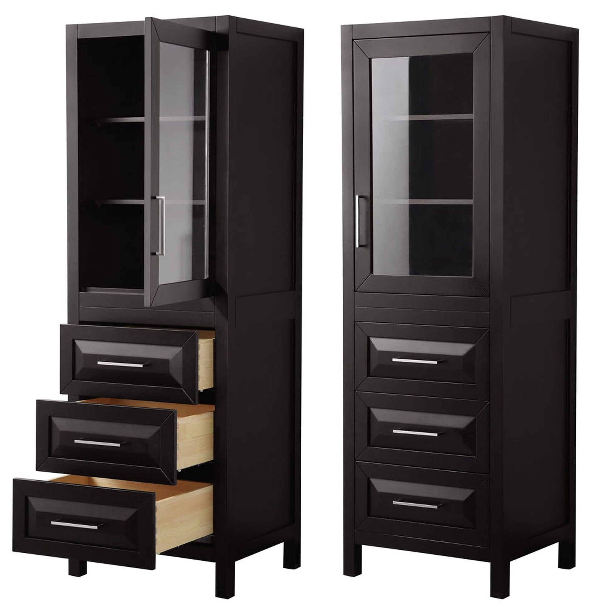 Wyndham Collection Daria Linen Tower in Dark Espresso With Shelved Cabinet Storage and 3 Drawers