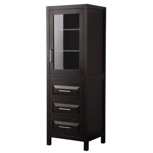 Wyndham Collection Daria Linen Tower in Dark Espresso With Shelved Cabinet Storage and 3 Drawers