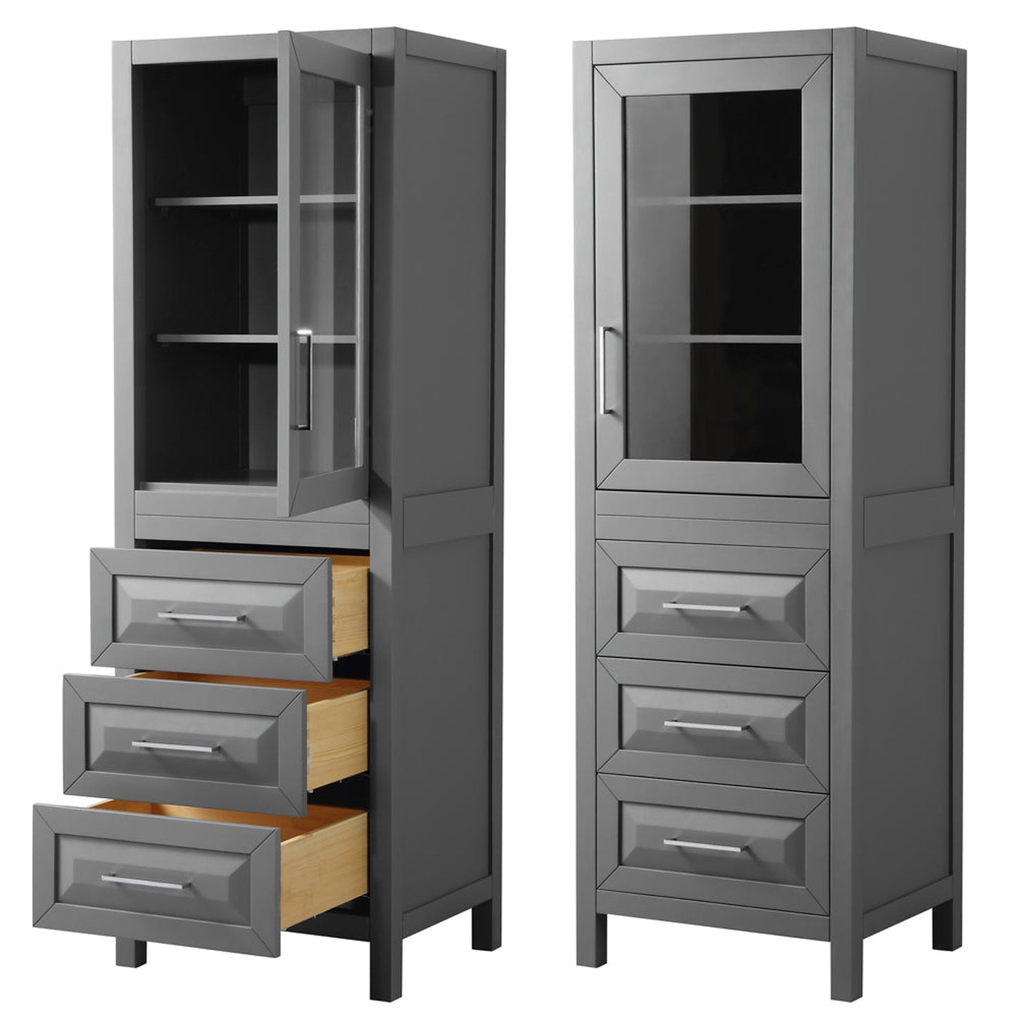 Wyndham Collection Daria Linen Tower in Dark Gray With Shelved Cabinet Storage and 3 Drawers