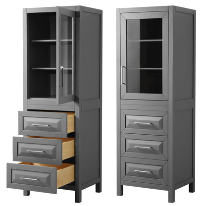Wyndham Collection Daria Linen Tower in Dark Gray With Shelved Cabinet Storage and 3 Drawers