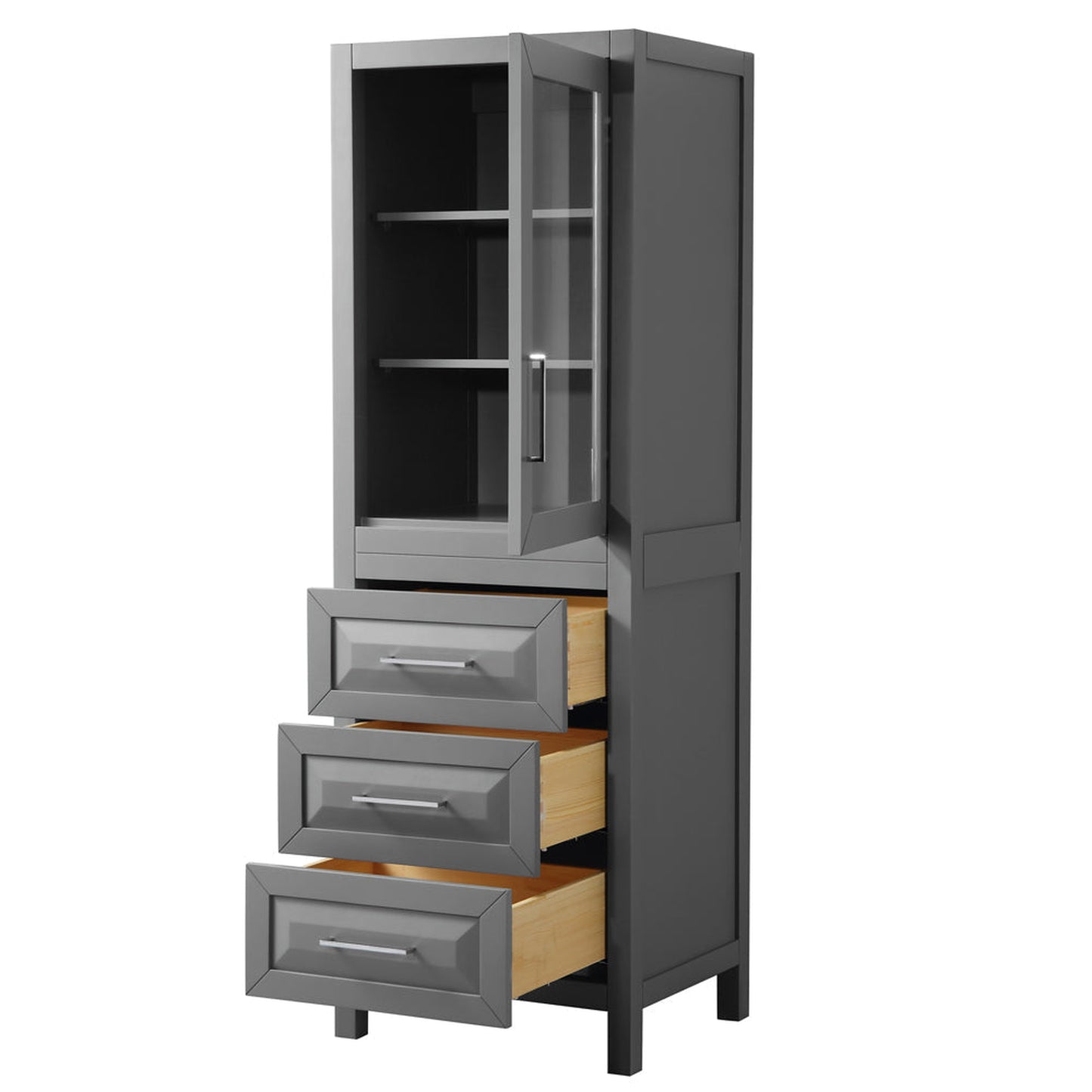Wyndham Collection Daria Linen Tower in Dark Gray With Shelved Cabinet Storage and 3 Drawers