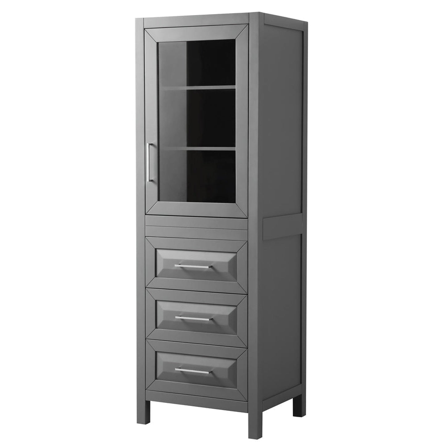 Wyndham Collection Daria Linen Tower in Dark Gray With Shelved Cabinet Storage and 3 Drawers