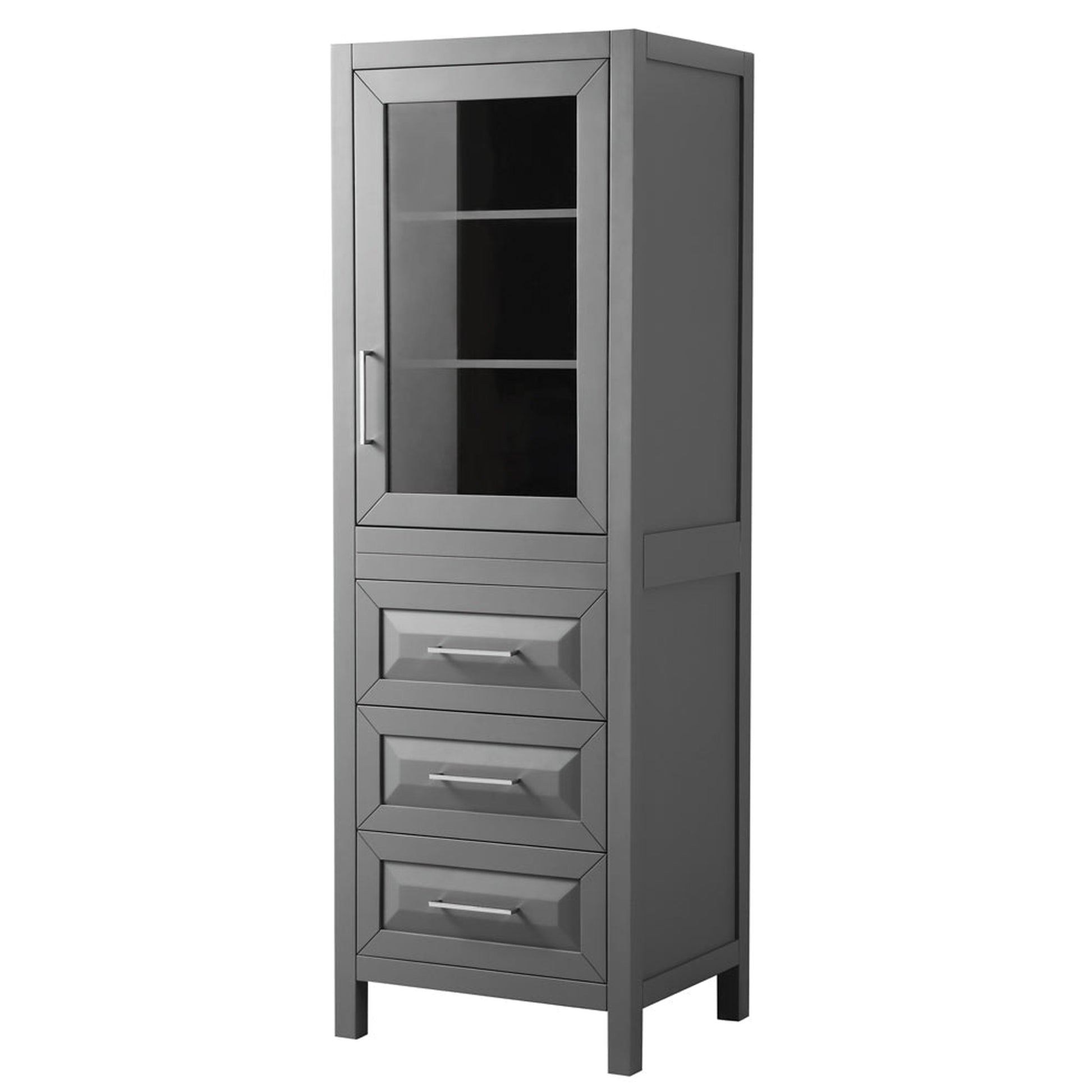 Wyndham Collection Daria Linen Tower in Dark Gray With Shelved Cabinet Storage and 3 Drawers