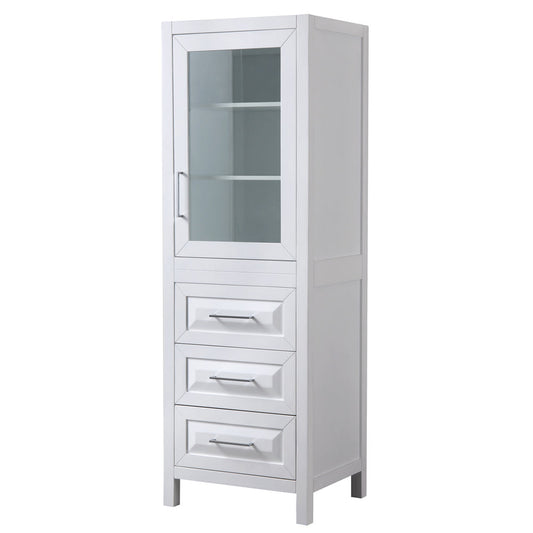 Wyndham Collection Daria Linen Tower in White With Shelved Cabinet Storage and 3 Drawers