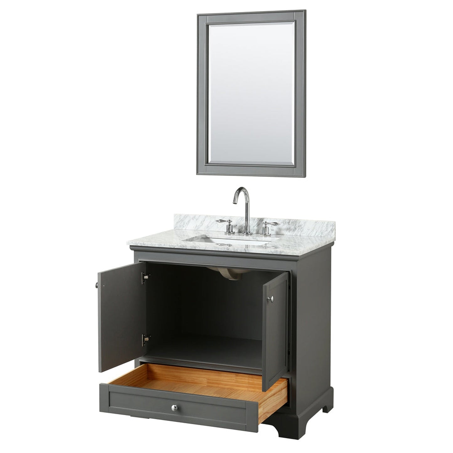 Wyndham Collection Deborah 36" Single Bathroom Vanity in Dark Gray, White Carrara Marble Countertop, Undermount Square Sink, and 24" Mirror