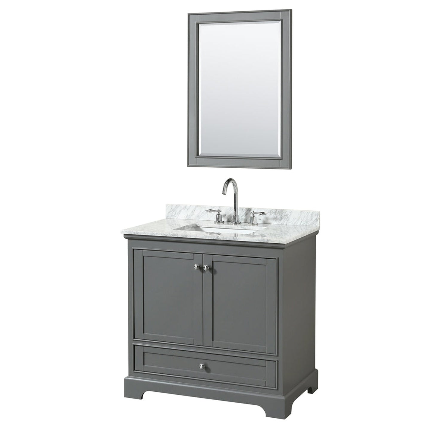 Wyndham Collection Deborah 36" Single Bathroom Vanity in Dark Gray, White Carrara Marble Countertop, Undermount Square Sink, and 24" Mirror