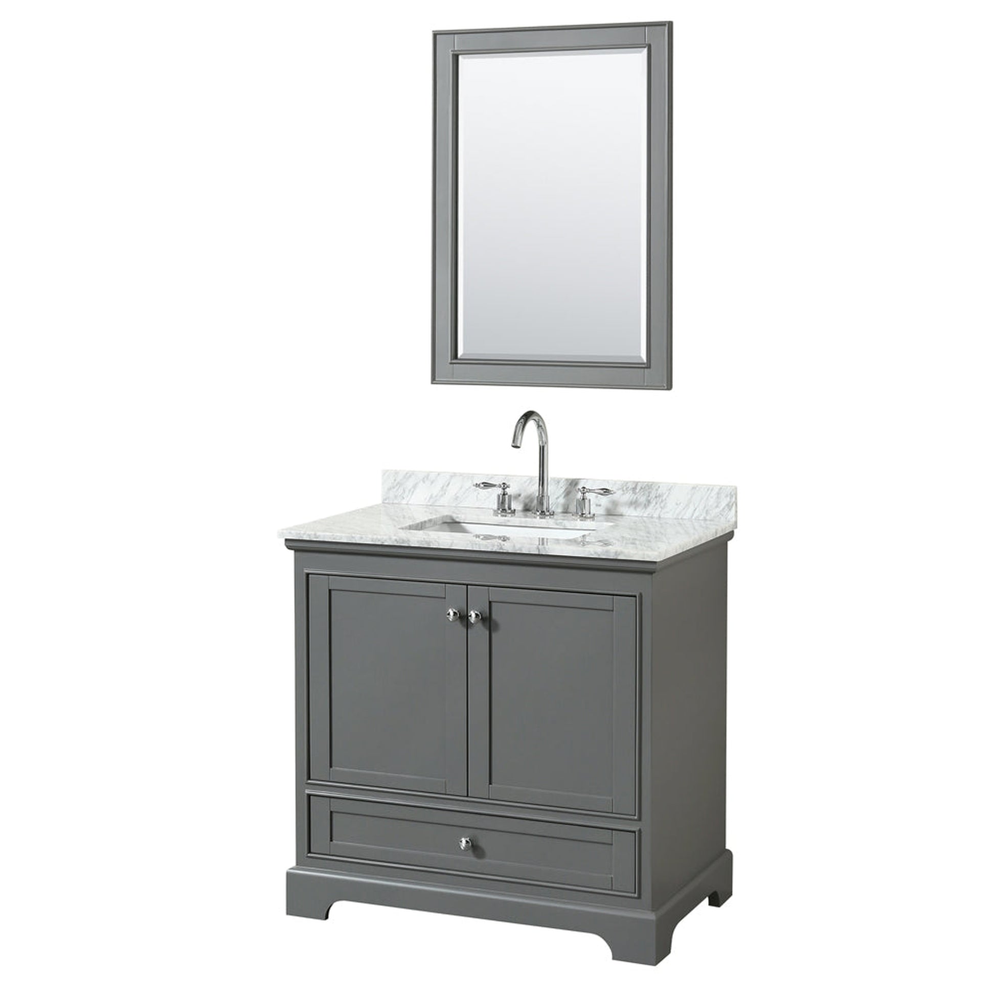 Wyndham Collection Deborah 36" Single Bathroom Vanity in Dark Gray, White Carrara Marble Countertop, Undermount Square Sink, and 24" Mirror