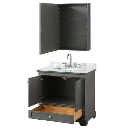 Wyndham Collection Deborah 36" Single Bathroom Vanity in Dark Gray, White Carrara Marble Countertop, Undermount Square Sink, and Medicine Cabinet