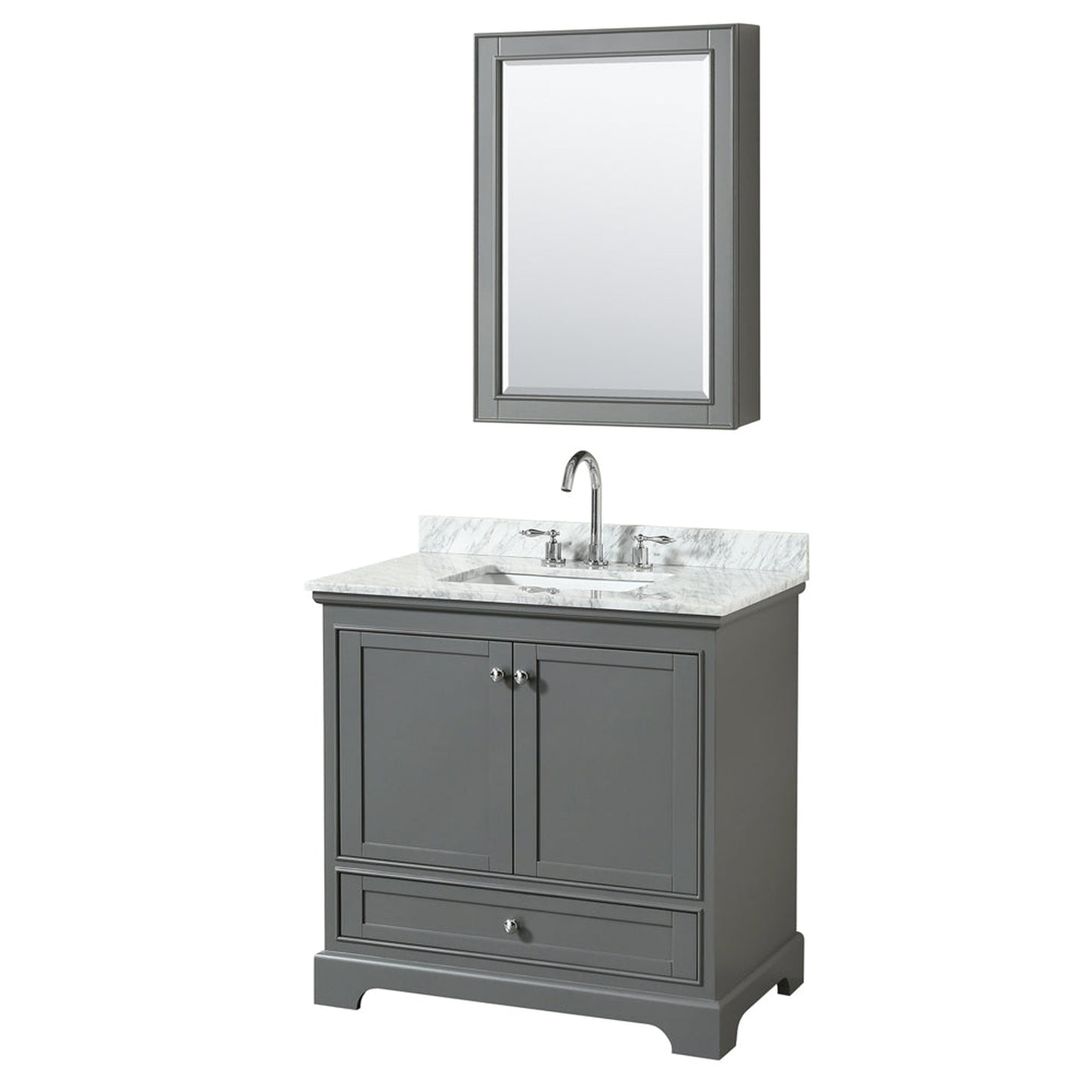 Wyndham Collection Deborah 36" Single Bathroom Vanity in Dark Gray, White Carrara Marble Countertop, Undermount Square Sink, and Medicine Cabinet