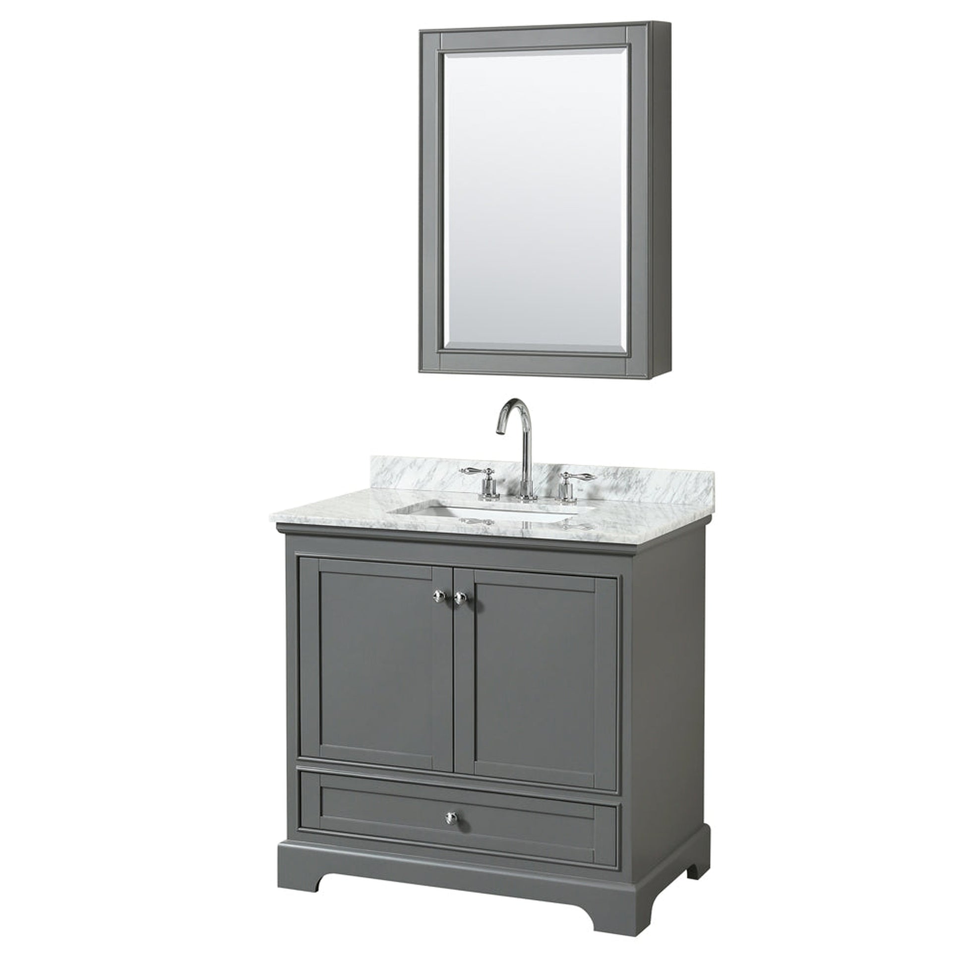 Wyndham Collection Deborah 36" Single Bathroom Vanity in Dark Gray, White Carrara Marble Countertop, Undermount Square Sink, and Medicine Cabinet