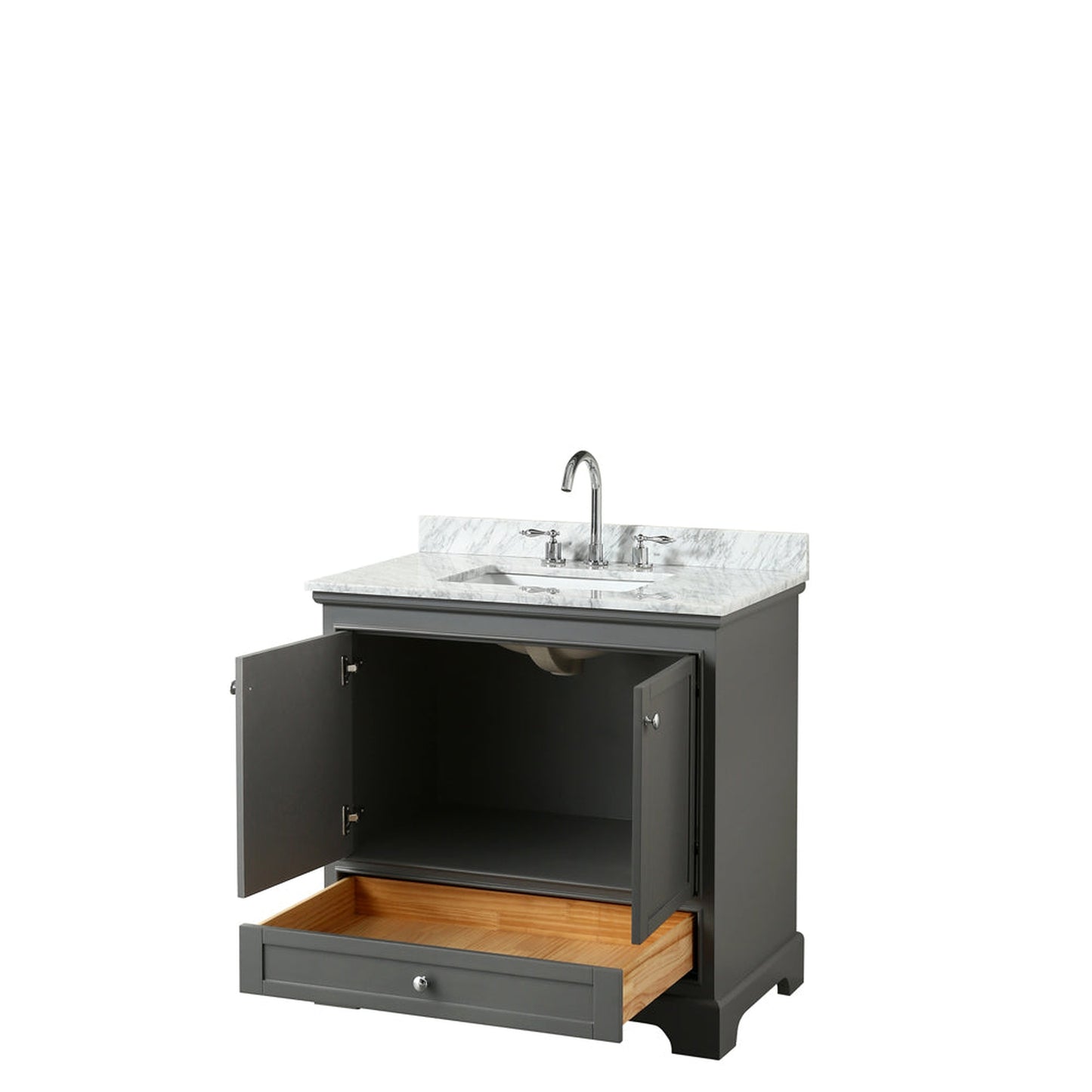 Wyndham Collection Deborah 36" Single Bathroom Vanity in Dark Gray, White Carrara Marble Countertop, Undermount Square Sink, and No Mirror