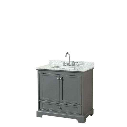 Wyndham Collection Deborah 36" Single Bathroom Vanity in Dark Gray, White Carrara Marble Countertop, Undermount Square Sink, and No Mirror