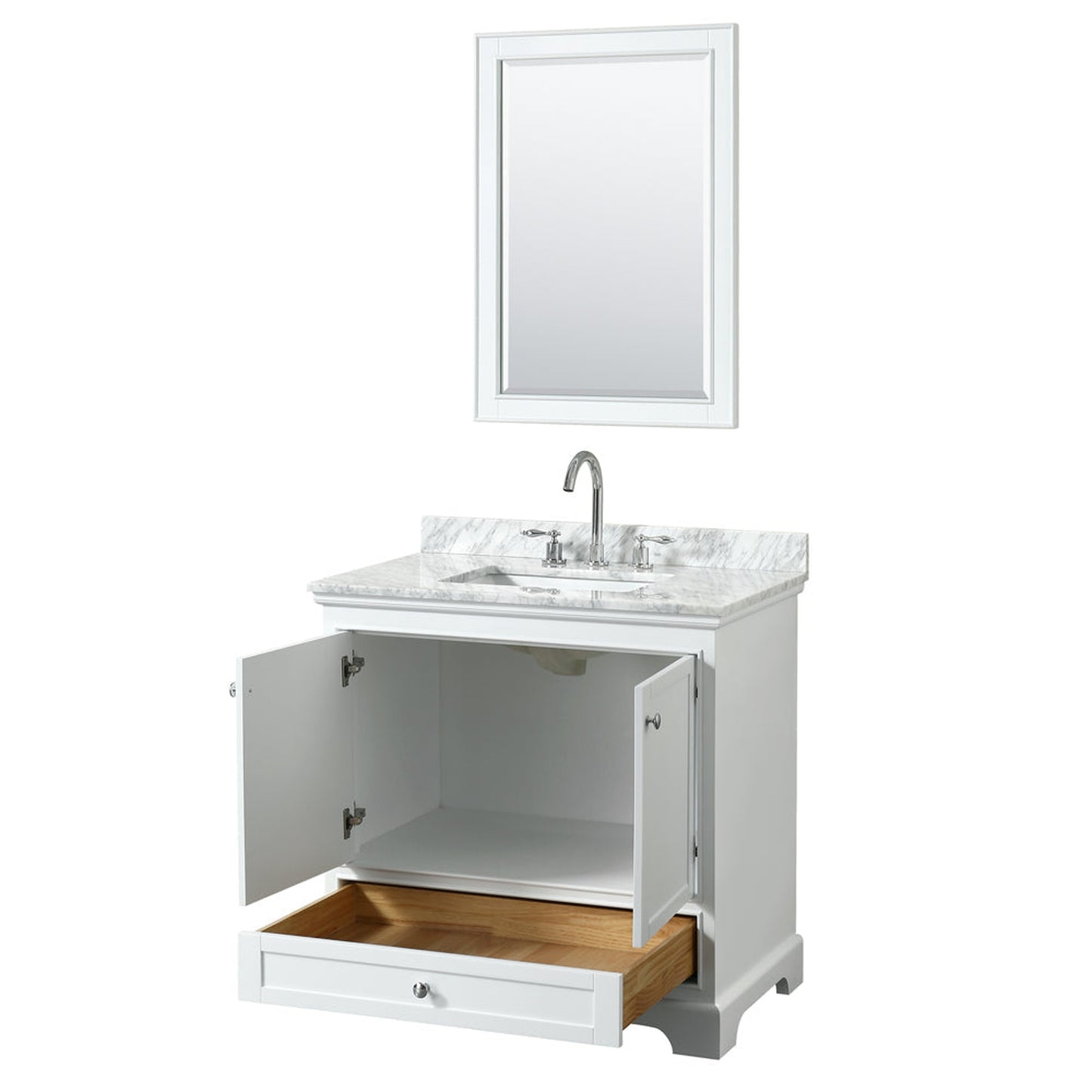 Wyndham Collection Deborah 36" Single Bathroom Vanity in White, White Carrara Marble Countertop, Undermount Square Sink, and 24" Mirror