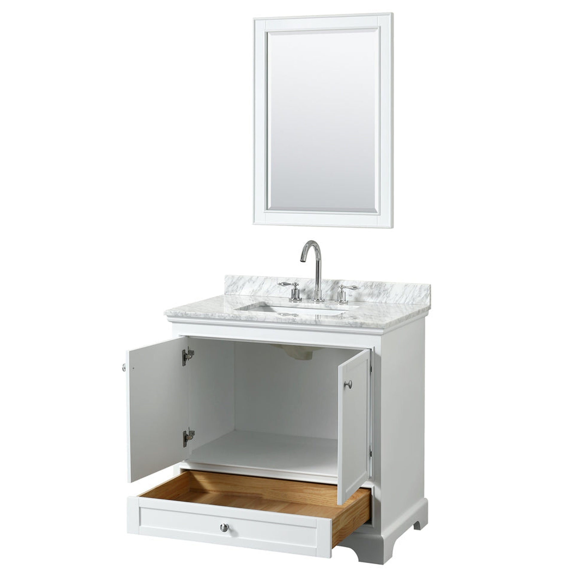 Wyndham Collection Deborah 36" Single Bathroom Vanity in White, White Carrara Marble Countertop, Undermount Square Sink, and 24" Mirror