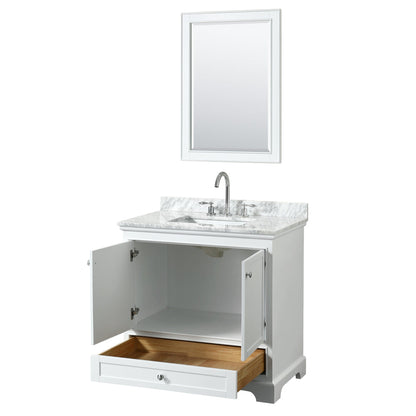 Wyndham Collection Deborah 36" Single Bathroom Vanity in White, White Carrara Marble Countertop, Undermount Square Sink, and 24" Mirror