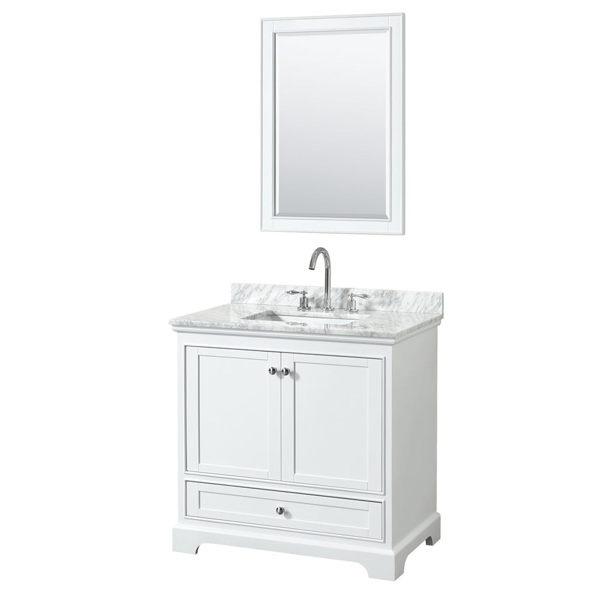 Wyndham Collection Deborah 36" Single Bathroom Vanity in White, White Carrara Marble Countertop, Undermount Square Sink, and 24" Mirror