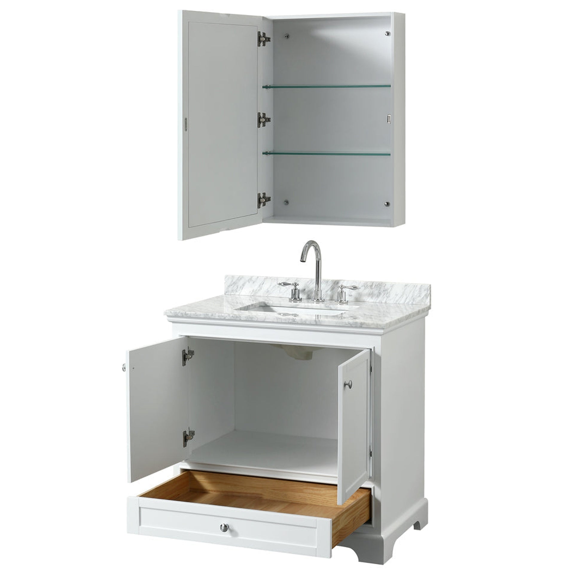 Wyndham Collection Deborah 36" Single Bathroom Vanity in White, White Carrara Marble Countertop, Undermount Square Sink, and Medicine Cabinet