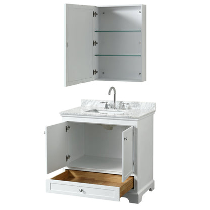 Wyndham Collection Deborah 36" Single Bathroom Vanity in White, White Carrara Marble Countertop, Undermount Square Sink, and Medicine Cabinet