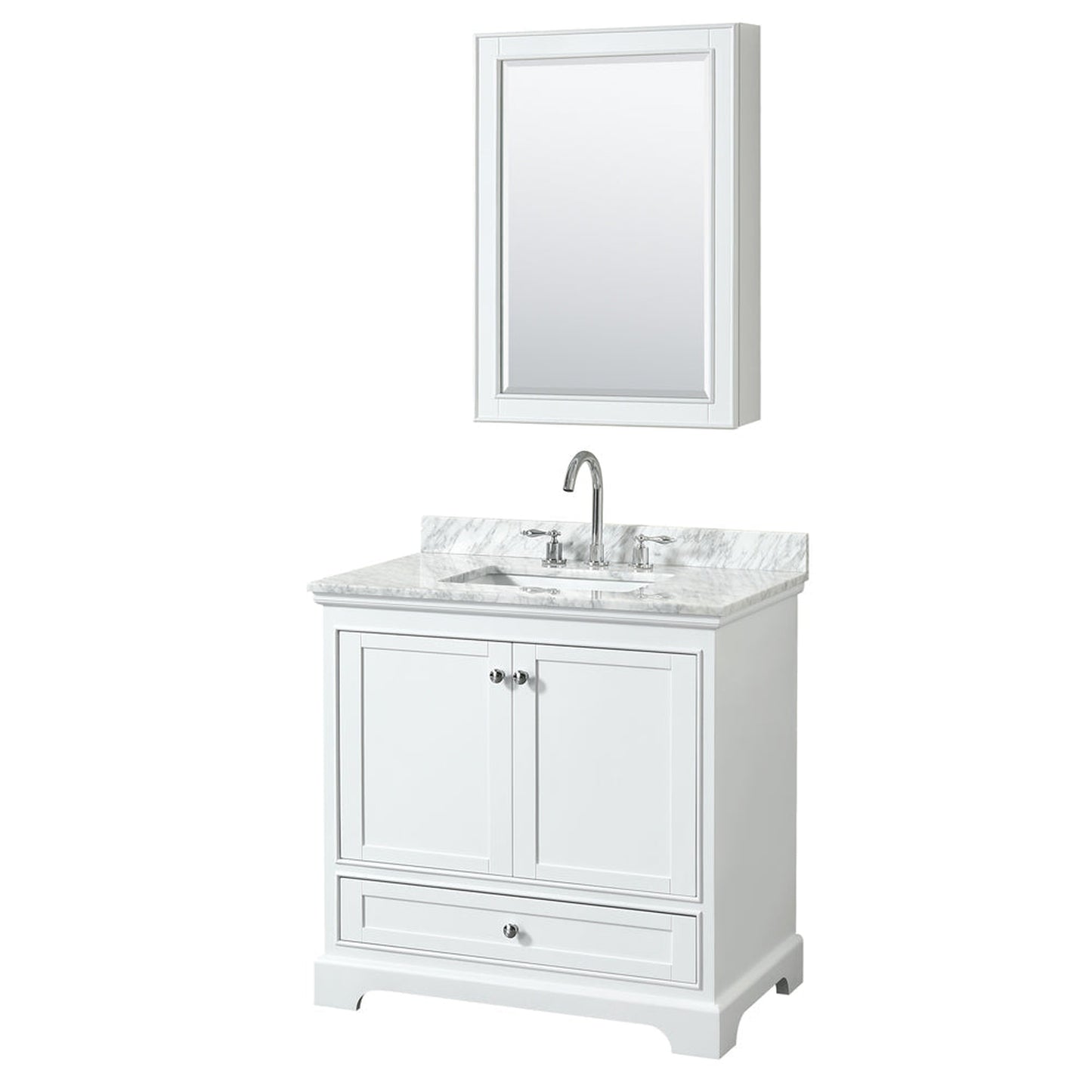 Wyndham Collection Deborah 36" Single Bathroom Vanity in White, White Carrara Marble Countertop, Undermount Square Sink, and Medicine Cabinet