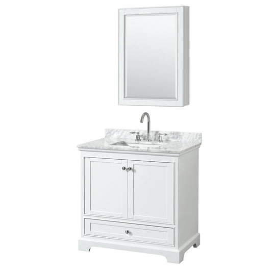 Wyndham Collection Deborah 36" Single Bathroom Vanity in White, White Carrara Marble Countertop, Undermount Square Sink, and Medicine Cabinet
