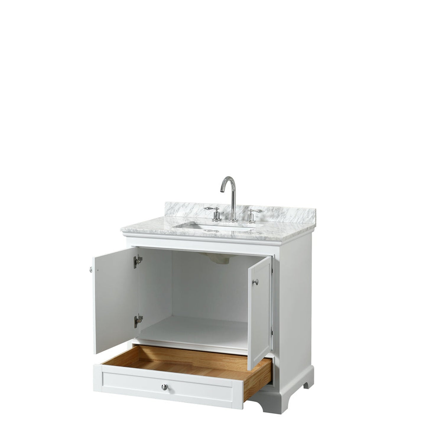 Wyndham Collection Deborah 36" Single Bathroom Vanity in White, White Carrara Marble Countertop, Undermount Square Sink, and No Mirror