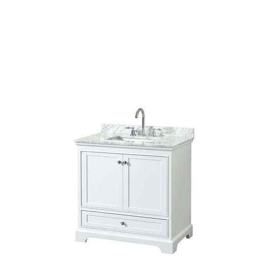 Wyndham Collection Deborah 36" Single Bathroom Vanity in White, White Carrara Marble Countertop, Undermount Square Sink, and No Mirror