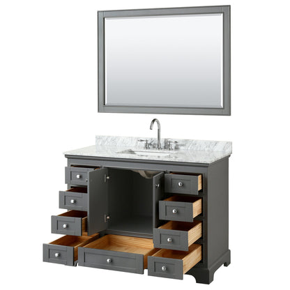 Wyndham Collection Deborah 48" Single Bathroom Vanity in Dark Gray, White Carrara Marble Countertop, Undermount Square Sink, and 46" Mirror