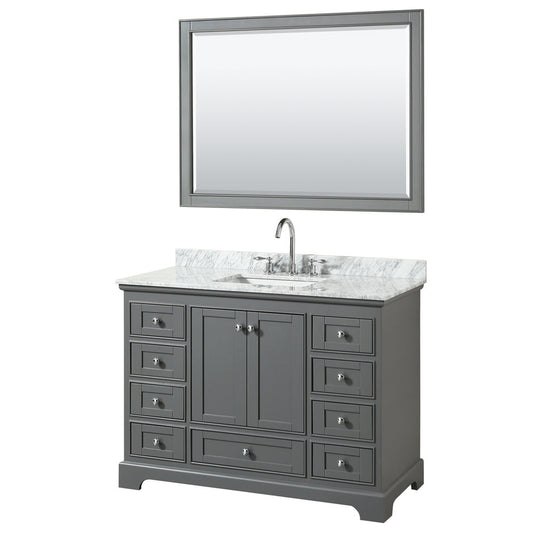 Wyndham Collection Deborah 48" Single Bathroom Vanity in Dark Gray, White Carrara Marble Countertop, Undermount Square Sink, and 46" Mirror
