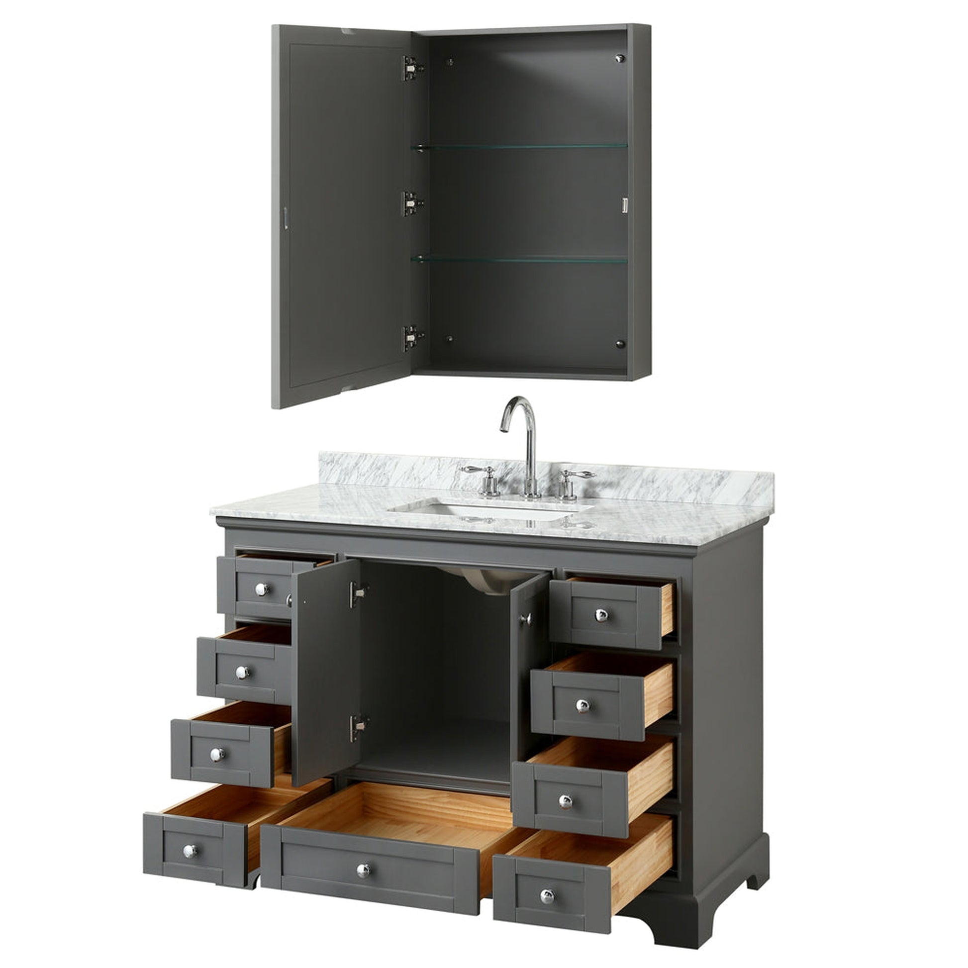 Wyndham Collection Deborah 48" Single Bathroom Vanity in Dark Gray, White Carrara Marble Countertop, Undermount Square Sink, and Medicine Cabinet