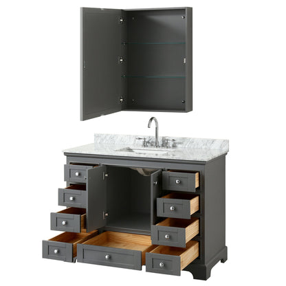 Wyndham Collection Deborah 48" Single Bathroom Vanity in Dark Gray, White Carrara Marble Countertop, Undermount Square Sink, and Medicine Cabinet