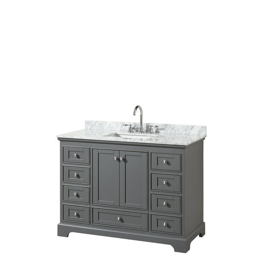 Wyndham Collection Deborah 48" Single Bathroom Vanity in Dark Gray, White Carrara Marble Countertop, Undermount Square Sink, and No Mirror