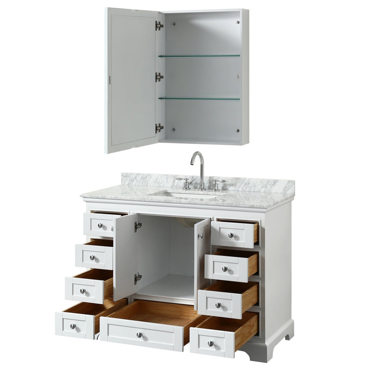 Wyndham Collection Deborah 48" Single Bathroom Vanity in White, White Carrara Marble Countertop, Undermount Square Sink, and Medicine Cabinet