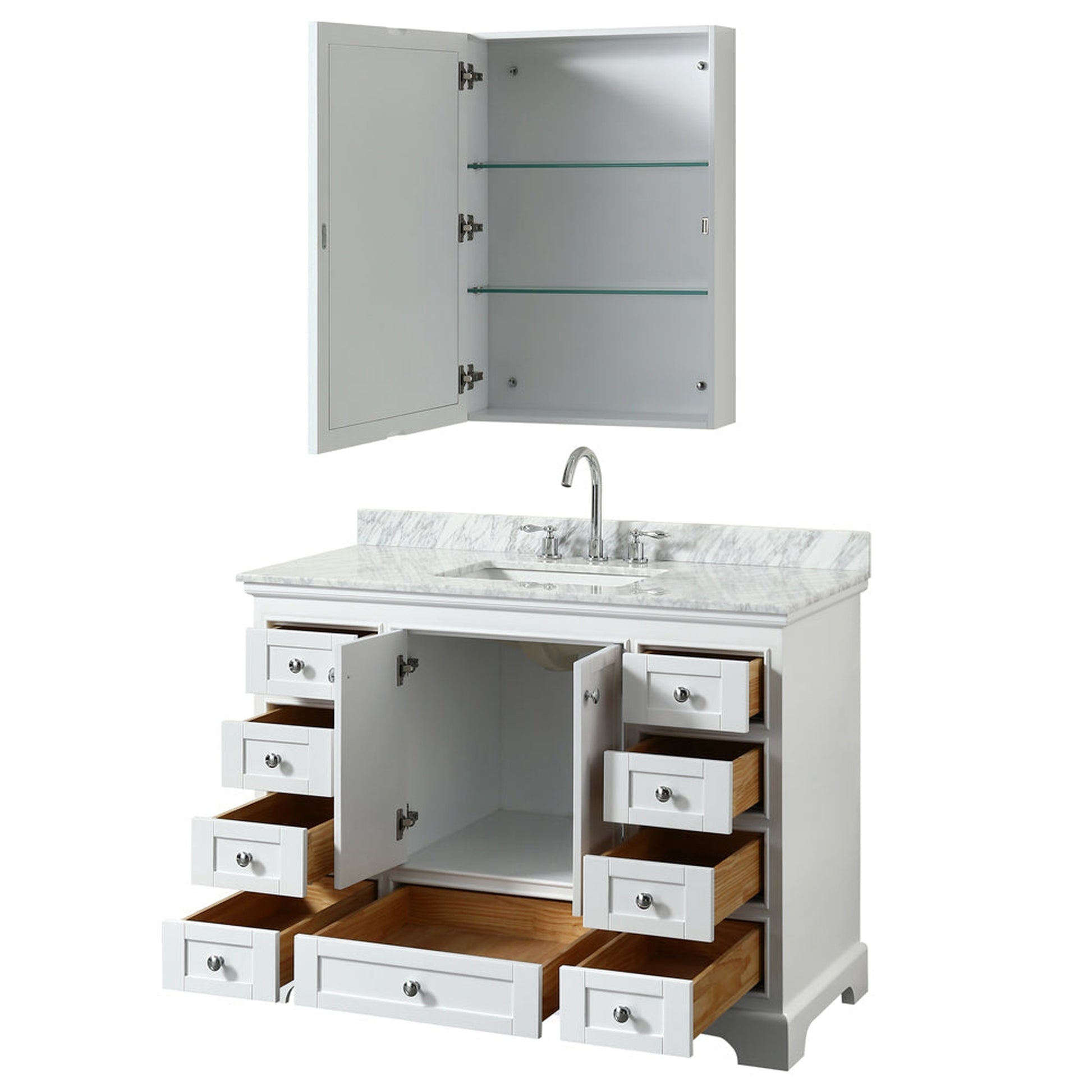 Wyndham Collection Deborah 48" Single Bathroom Vanity in White, White Carrara Marble Countertop, Undermount Square Sink, and Medicine Cabinet