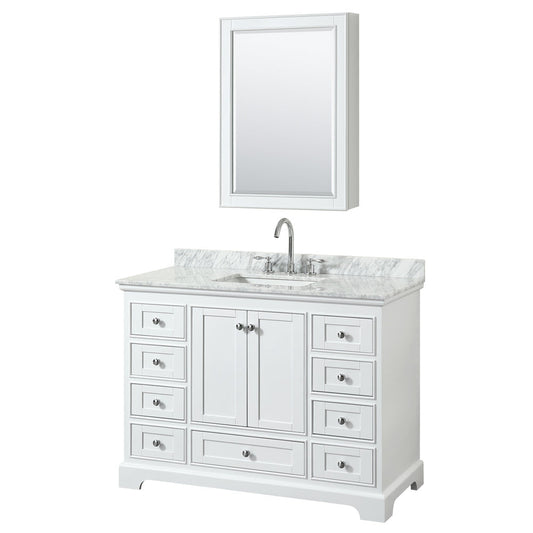 Wyndham Collection Deborah 48" Single Bathroom Vanity in White, White Carrara Marble Countertop, Undermount Square Sink, and Medicine Cabinet