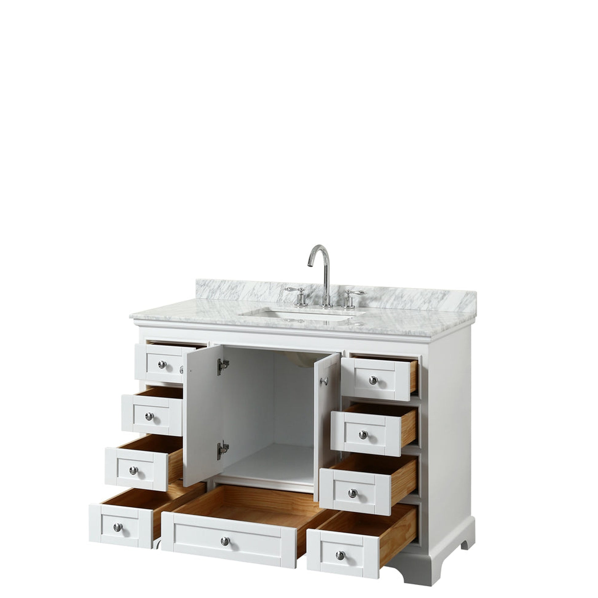 Wyndham Collection Deborah 48" Single Bathroom Vanity in White, White Carrara Marble Countertop, Undermount Square Sink, and No Mirror
