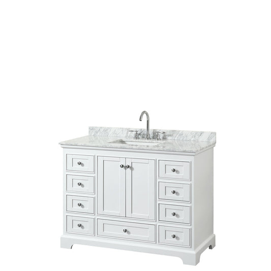 Wyndham Collection Deborah 48" Single Bathroom Vanity in White, White Carrara Marble Countertop, Undermount Square Sink, and No Mirror