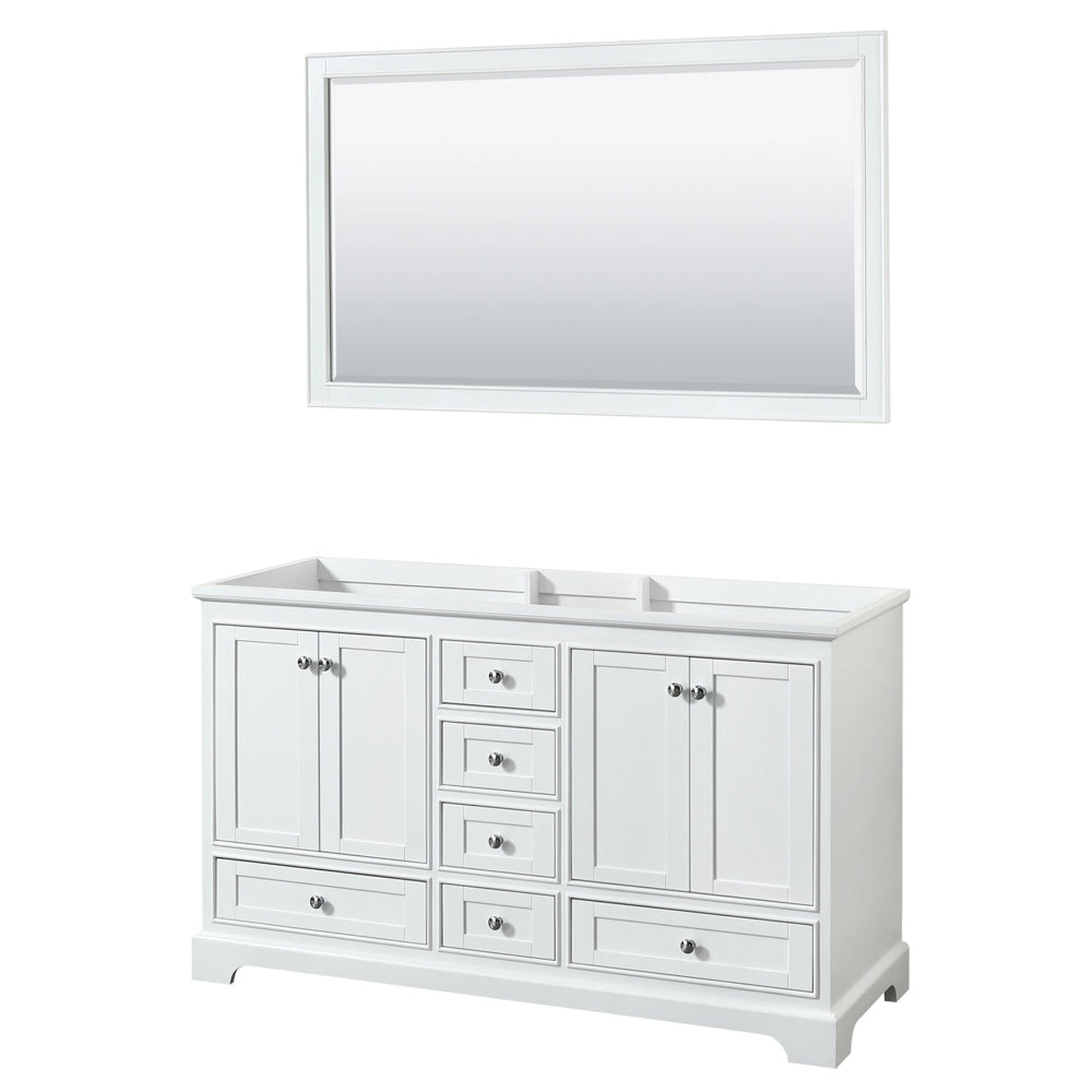 Wyndham Collection Deborah 60" Double Bathroom Vanity in White, No Countertop, No Sinks, and 58" Mirror