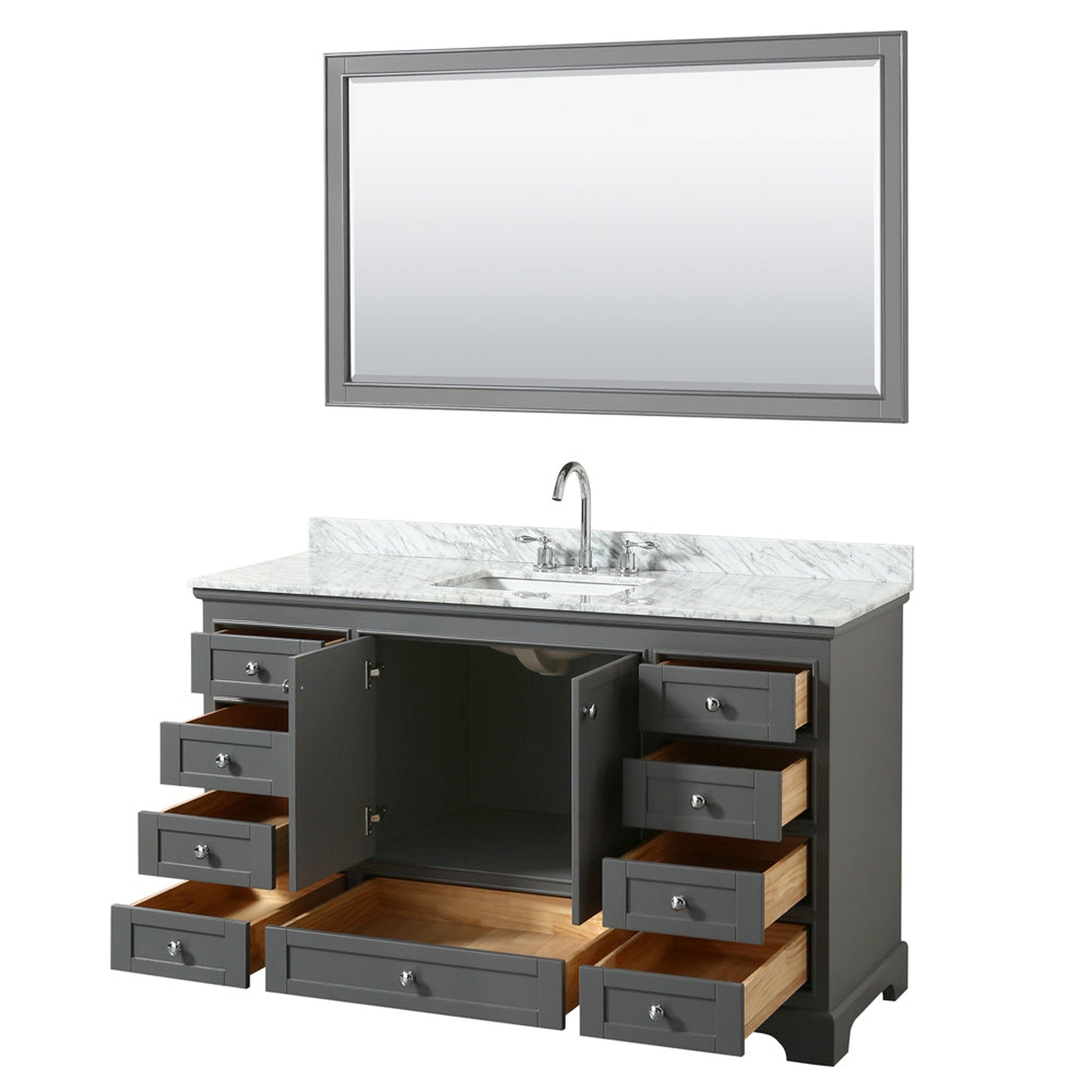 Wyndham Collection Deborah 60" Single Bathroom Vanity in Dark Gray, White Carrara Marble Countertop, Undermount Square Sink, and 58" Mirror